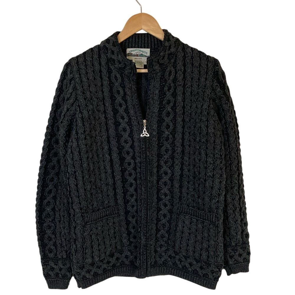 Aran Crafts Womens Ireland Merino‎ Wool Zip Front Cardigan Grey S Oversized